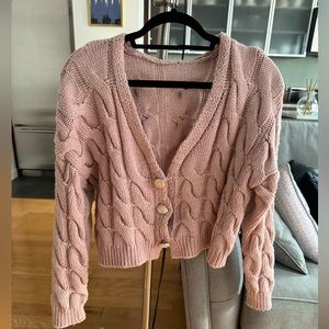Chunky pink knit cardigan with gold buttons